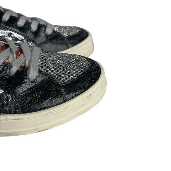 P448 high top sneakers glitter lace metallic Black silver orange  Sz 38 or 7.5/8