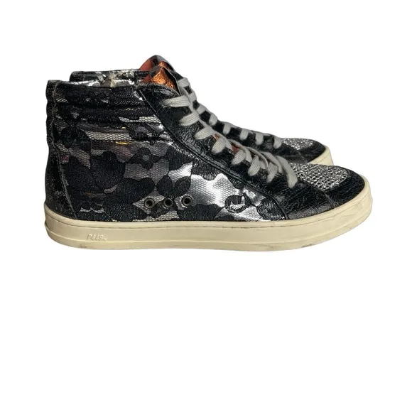 P448 high top sneakers glitter lace metallic Black silver orange  Sz 38 or 7.5/8