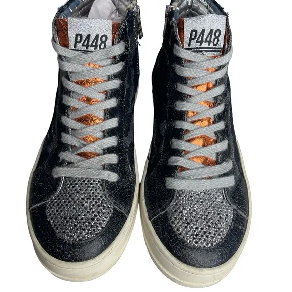 P448 high top sneakers glitter lace metallic Black silver orange  Sz 38 or 7.5/8
