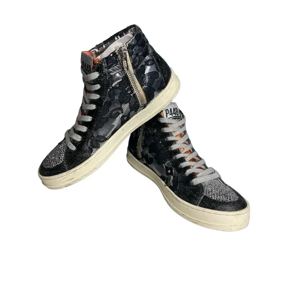 P448 high top sneakers glitter lace metallic Black silver orange  Sz 38 or 7.5/8