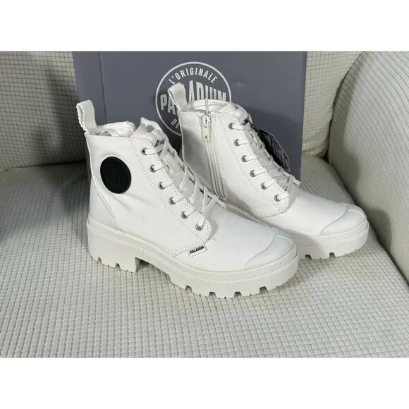Palladium Pallabase Twill Hi Tops, Star White, Side Zipper, Size US 8, EU 39.5,