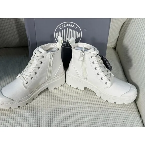 Palladium Pallabase Twill Hi Tops, Star White, Side Zipper, Size US 8, EU 39.5,