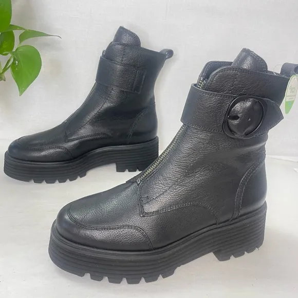 Paul Green Women Palani Black Leather Front Zip Platform Boots‎ 6.5US/  AU 4