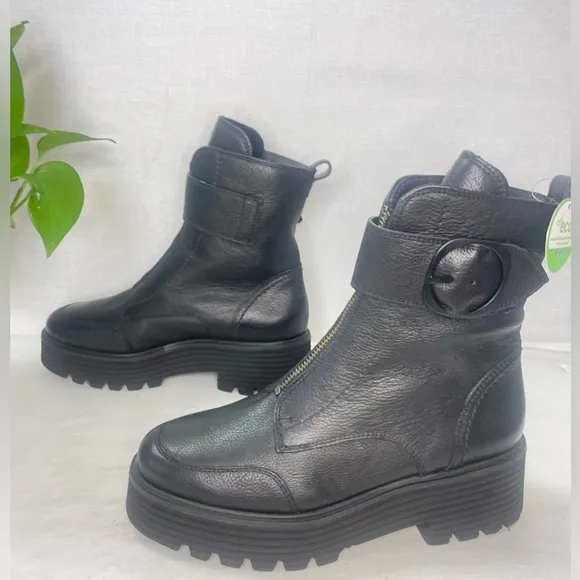 Paul Green Women Palani Black Leather Front Zip Platform Boots‎ 6.5US/  AU 4