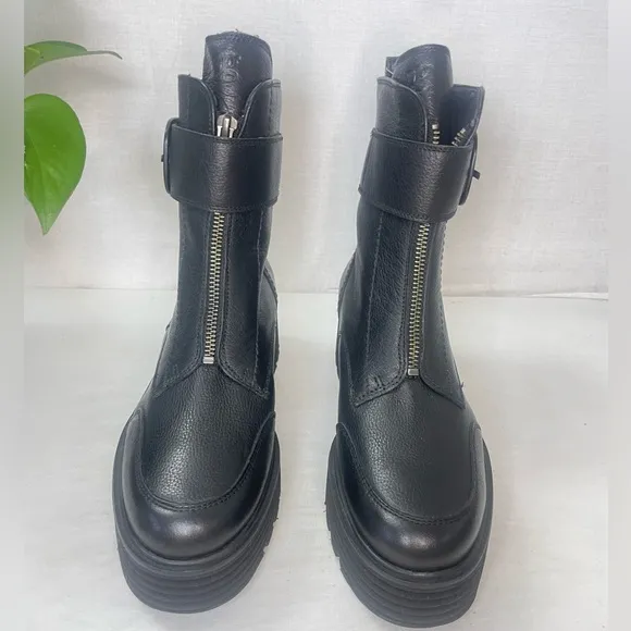 Paul Green Women Palani Black Leather Front Zip Platform Boots‎ 6.5US/  AU 4