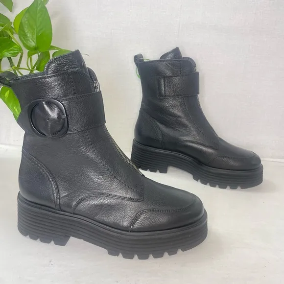 Paul Green Women Palani Black Leather Front Zip Platform Boots‎ 6.5US/  AU 4