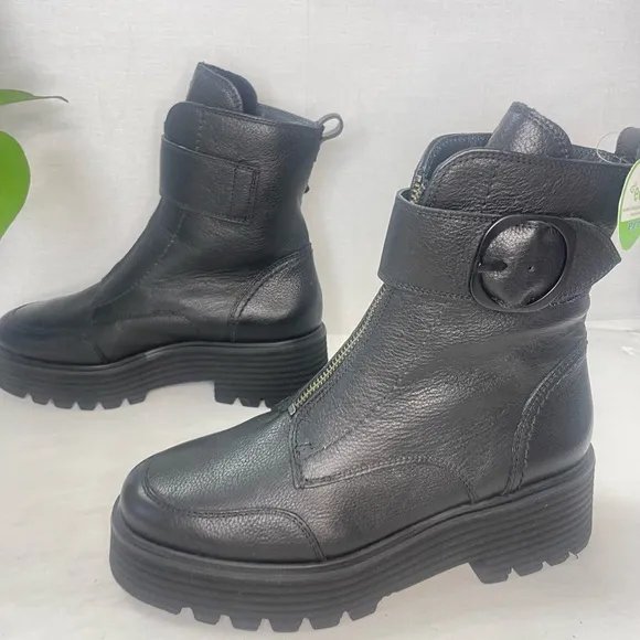 Paul Green Women Palani Black Leather Front Zip Platform Boots‎ 6.5US/  AU 4