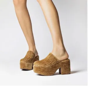 Pazzion Goldenrod Thick Platform Round Toe Mule Clog Slip On Chunky Heel Slipper