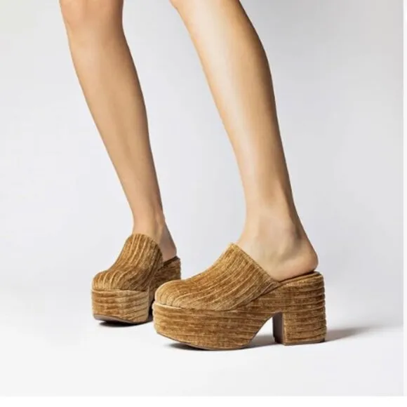 Pazzion Goldenrod Thick Platform Round Toe Mule Clog Slip On Chunky Heel Slipper
