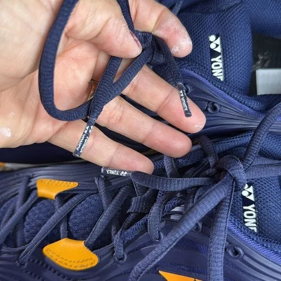 (S6) Yonex Men's FUSION REV 5 Tennis Shoes, US 13 Navy Blue and Orange