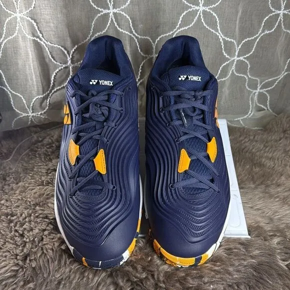 (S6) Yonex Men's FUSION REV 5 Tennis Shoes, US 13 Navy Blue and Orange