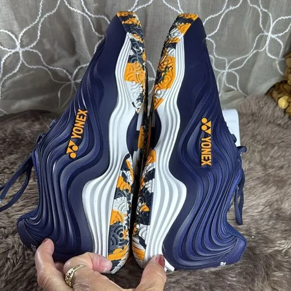(S6) Yonex Men's FUSION REV 5 Tennis Shoes, US 13 Navy Blue and Orange