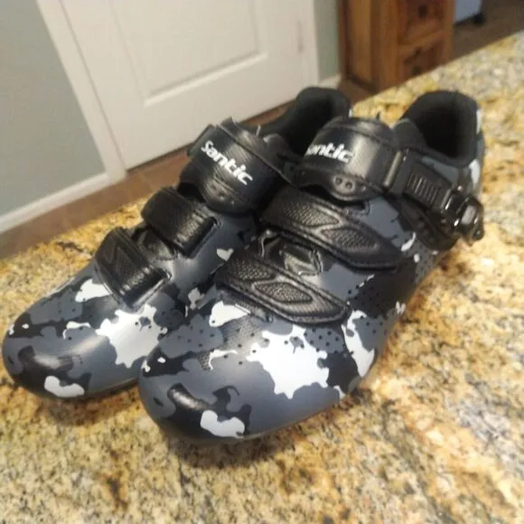Santic Davee Men's Size 10.5 Road Bike Camouflage Shoes 3-Bolt Road Cleat Gray