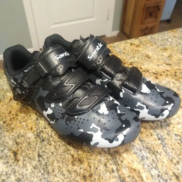 Santic Davee Men's Size 10.5 Road Bike Camouflage Shoes 3-Bolt Road Cleat Gray