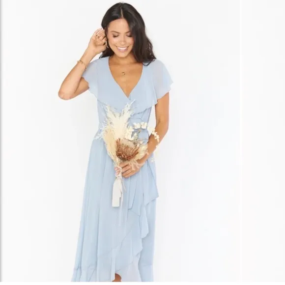Show Me Your Mumu Jess Ruffle Midi Dress Steel Blue Chiffon Size XXS