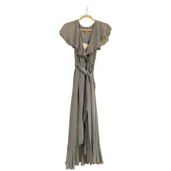 Show Me Your Mumu Jess Ruffle Midi Dress Steel Blue Chiffon Size XXS