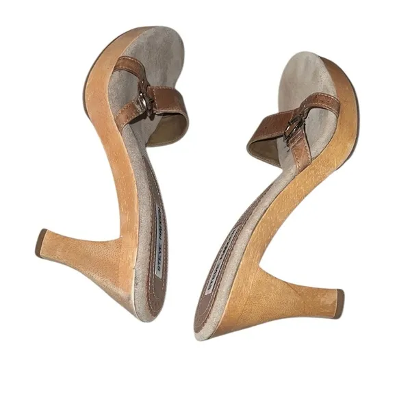 Steve Madden Leather Tan Women's Wooden Heeled Sandals 9