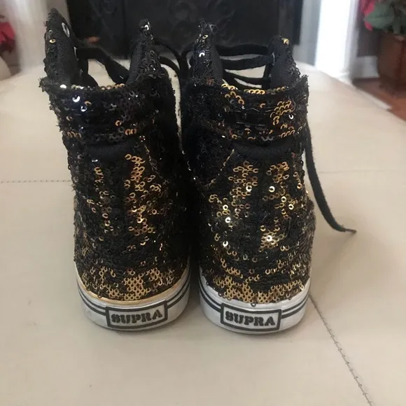 Supra Kids Black and Gold Sequin High Top Tennis Shoes, Big Kids Size 6