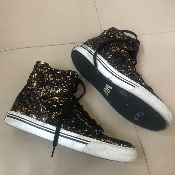 Supra Kids Black and Gold Sequin High Top Tennis Shoes, Big Kids Size 6