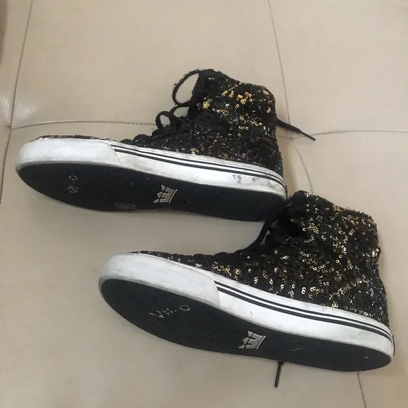 Supra Kids Black and Gold Sequin High Top Tennis Shoes, Big Kids Size 6