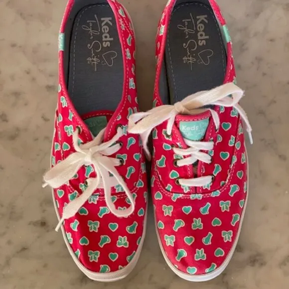 TAYLOR SWIFT KEDS Favorite Things Bows &amp; Cats Print Pink Blue Sneakers 9…