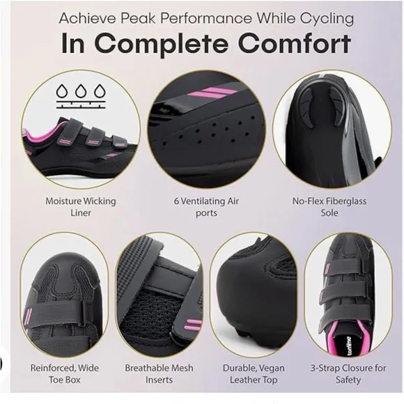 Tommaso Black &amp; Pink Spin Shoes with attached Cleats