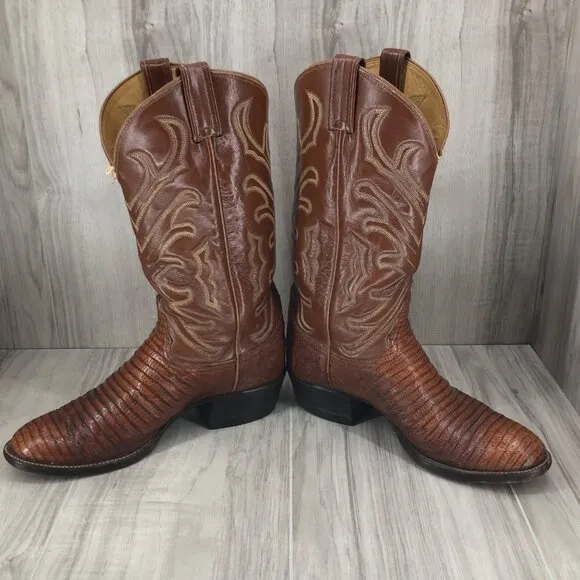 Tony Lama Boots Mens 8D Brown Lizard Pull On Western Cowboy Boots