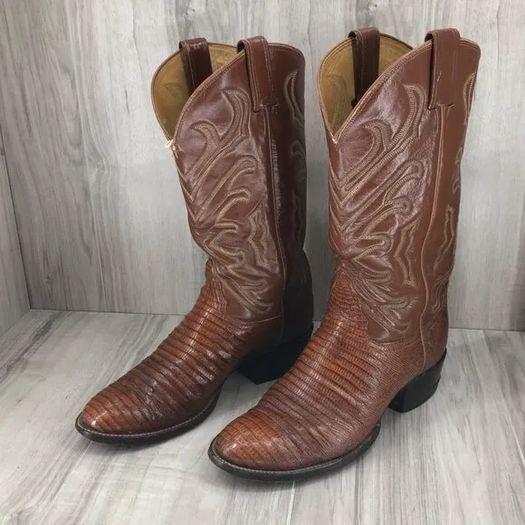 Tony Lama Boots Mens 8D Brown Lizard Pull On Western Cowboy Boots
