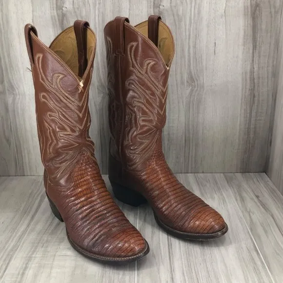Tony Lama Boots Mens 8D Brown Lizard Pull On Western Cowboy Boots