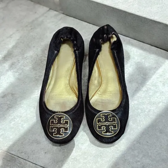 Tory Burch Reva Brown Gold Animal Fur Ballet Flat Womens Size 7 Slip On Ballet