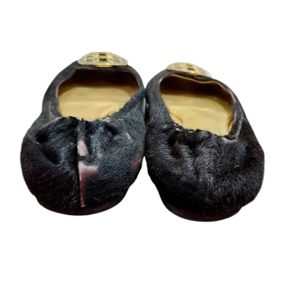 Tory Burch Reva Brown Gold Animal Fur Ballet Flat Womens Size 7 Slip On Ballet