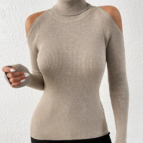 Turtleneck Cold Shoulder Ribbed Knit Sweater Khaki