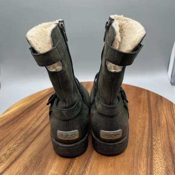 Ugg Australia Boots Womens Size 6 Green Leather Biker Combat Comfort Shoes