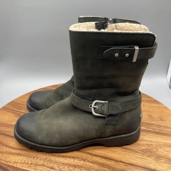 Ugg Australia Boots Womens Size 6 Green Leather Biker Combat Comfort Shoes