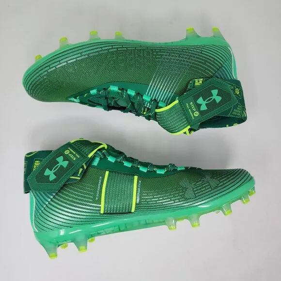 Under Armour Football Cleats Mens 9 Green Highlight MC Logo Spell Out Striped