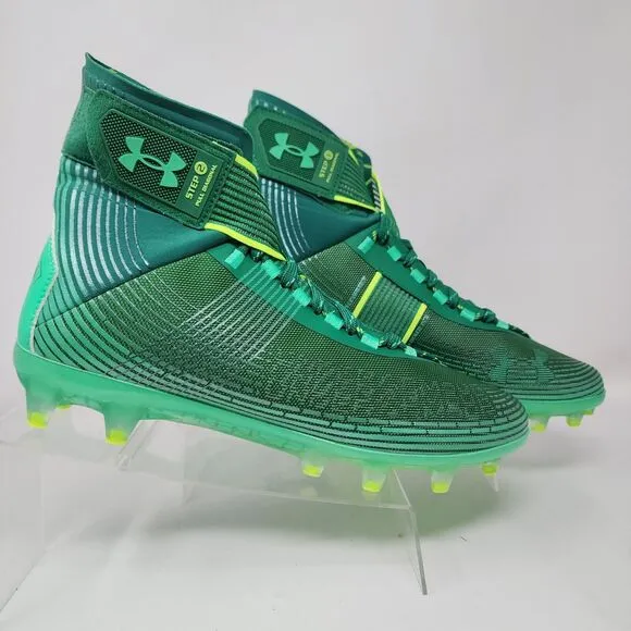 Under Armour Football Cleats Mens 9 Green Highlight MC Logo Spell Out Striped