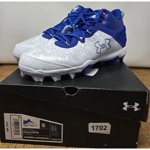 Under Armour Harper 8 Baseball Cleats Men 10 Blue White Lace Up Mid Top Molded