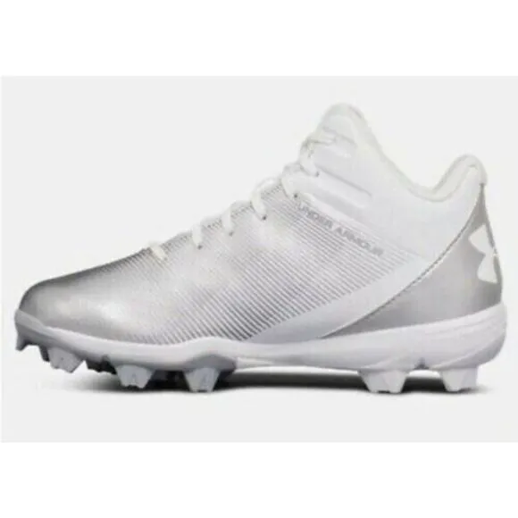 Under Armour Youth Size 6 Leadoff Mid Baseball Cleats White Gray Athletic Shoes