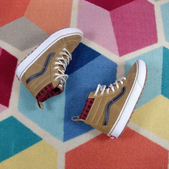 Vans Off Wall Sk8-Hi Mte-1 Plaid Brown Black Shoes Kids Size 1.5 US