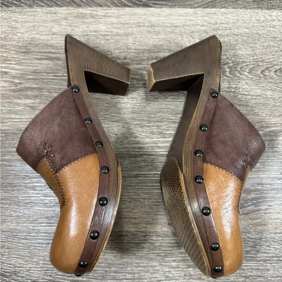 VTG 80s Women Brown Leather Patchwork Stitch Hipster Metal Studs Chunky Clogs 9M