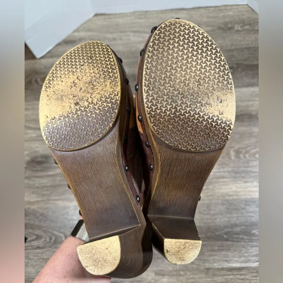 VTG 80s Women Brown Leather Patchwork Stitch Hipster Metal Studs Chunky Clogs 9M