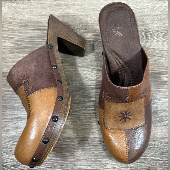 VTG 80s Women Brown Leather Patchwork Stitch Hipster Metal Studs Chunky Clogs 9M