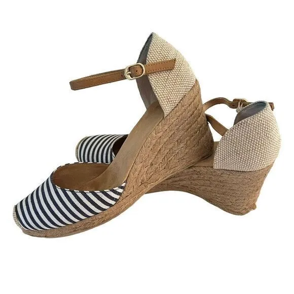 WHITE MOUNTAIN Women's Navy Striped Size 8.5M Ankle Strap Mamba Round‎ Toe Wedge