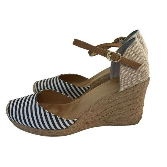WHITE MOUNTAIN Women's Navy Striped Size 8.5M Ankle Strap Mamba Round‎ Toe Wedge