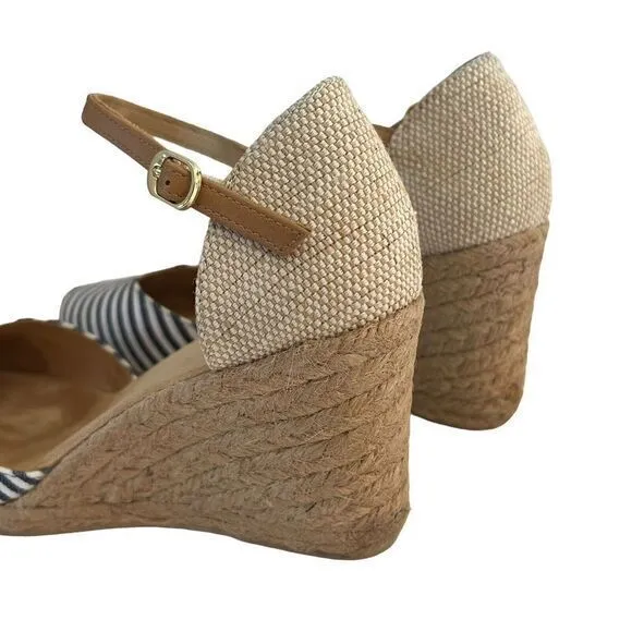 WHITE MOUNTAIN Women's Navy Striped Size 8.5M Ankle Strap Mamba Round‎ Toe Wedge