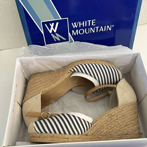 WHITE MOUNTAIN Women's Navy Striped Size 8.5M Ankle Strap Mamba Round‎ Toe Wedge