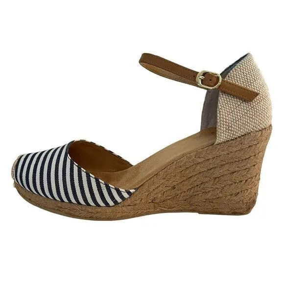 WHITE MOUNTAIN Women's Navy Striped Size 8.5M Ankle Strap Mamba Round‎ Toe Wedge