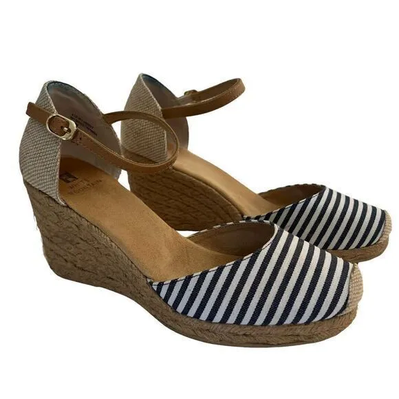 WHITE MOUNTAIN Women's Navy Striped Size 8.5M Ankle Strap Mamba Round‎ Toe Wedge