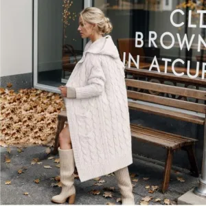 Women Hooded Open Front Cardigan Cable Knit Sweater Coats Beige Chunky Oversized