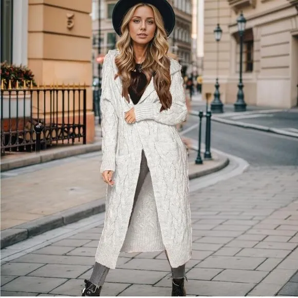 Women Hooded Open Front Cardigan Cable Knit Sweater Coats Beige Chunky Oversized